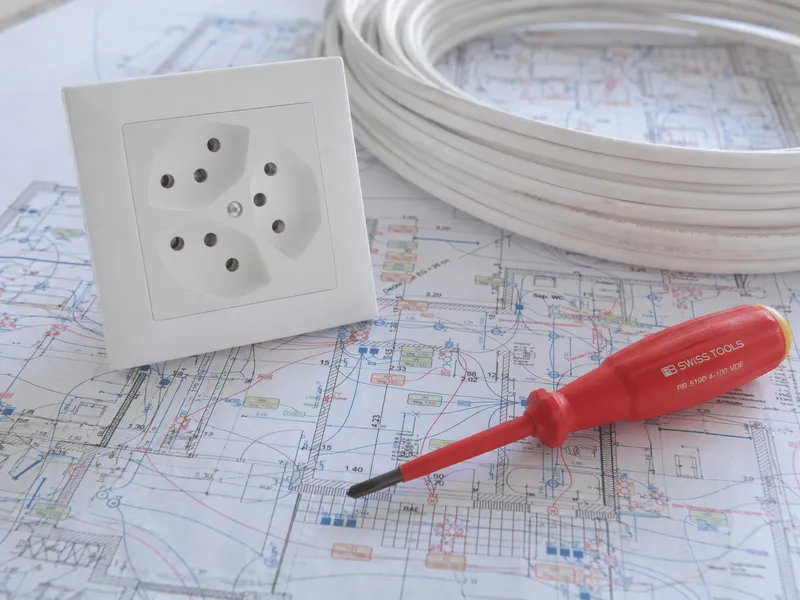 Bild eines Schraubenzieher, Elektroplan Steckdose und Kabel